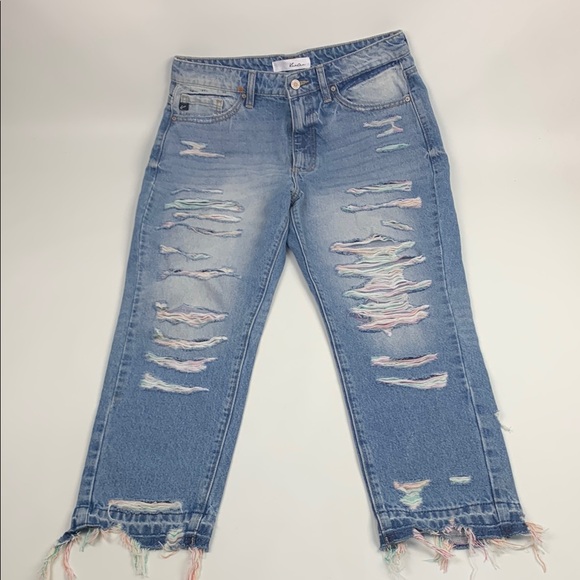 KanCan Blue Ankle Cropped Jeans Multicolored thread Distressed raw hem 9/28 - Picture 1 of 16